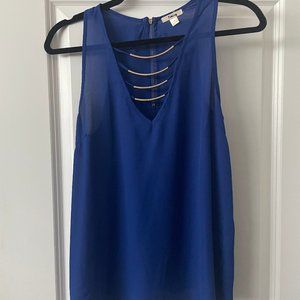 Blue V-Neck Tank Top with Gold Accents, Size SMALL